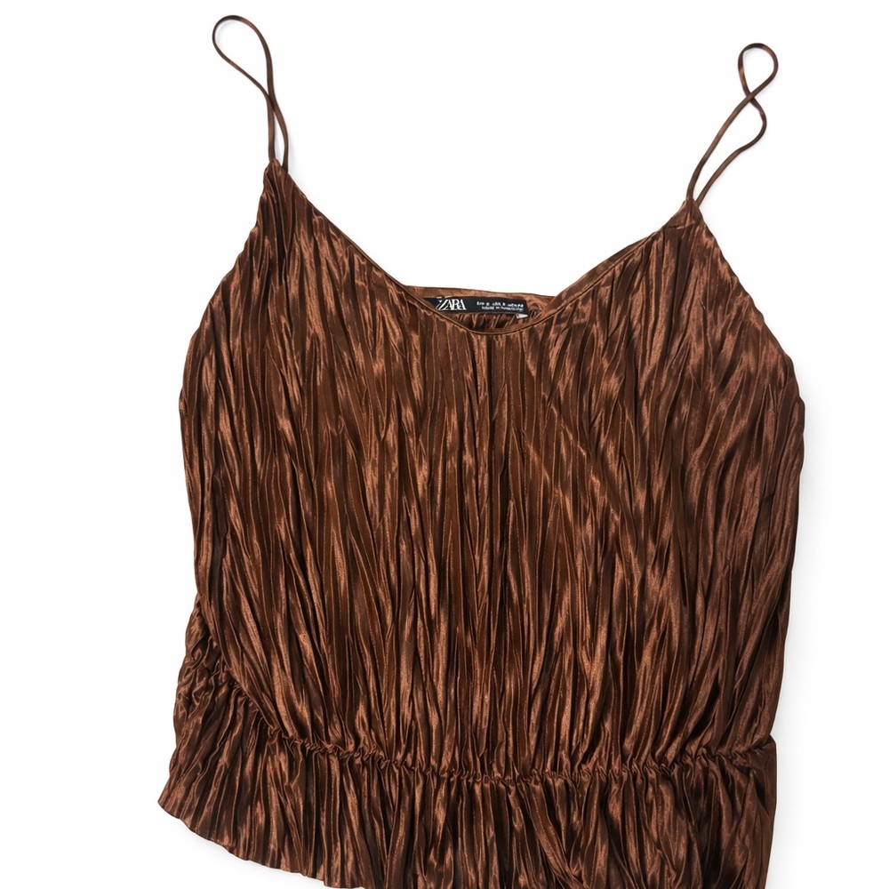 Zara Brown Pleated Satin Cami Top Size S Flowy Minimal Chic Going Out